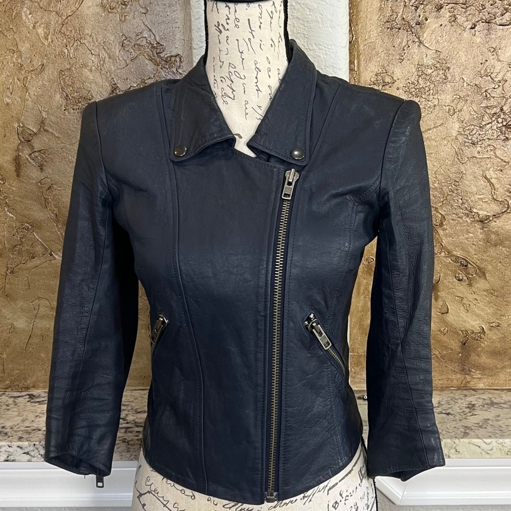 Theyskens' Theory Leather Jacket Petite Blue Lambskin Moto Biker Silk Lined